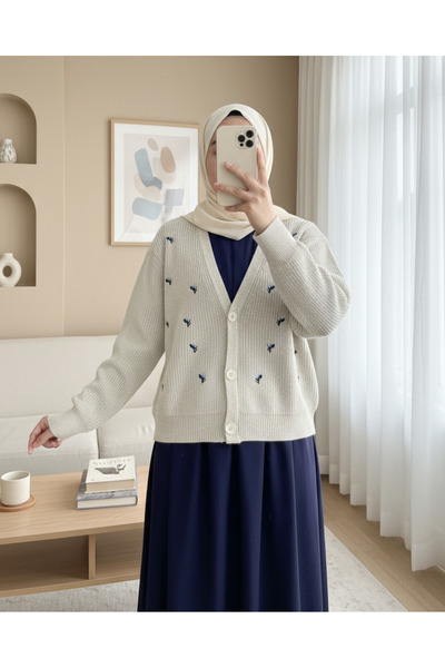 Modamorfo Embroidered Three Button Waist Length Cardigan - Stone