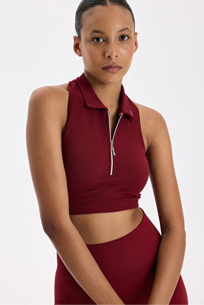 COMEUP Zippered Padded Polo Neck Crop Top Scarlet Red