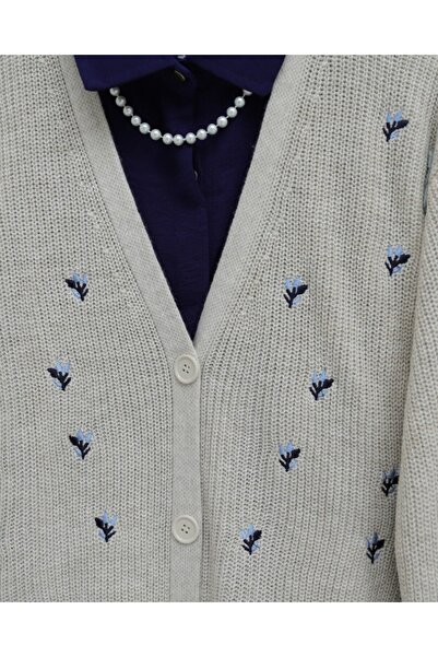 Modamorfo Embroidered Three Button Waist Length Cardigan - Stone