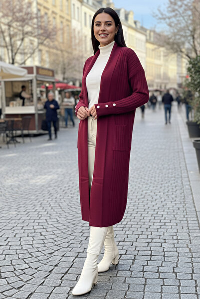 benguen Corded Fabric Knitwear Cardigan with Handle Buttons R7146 Claret Red