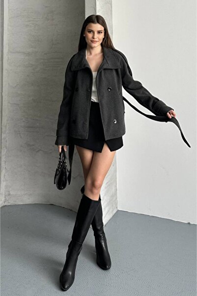 gm giyimarket Women's Belted Pocketed Waist-Tied Mock Neck Cashmere Coat