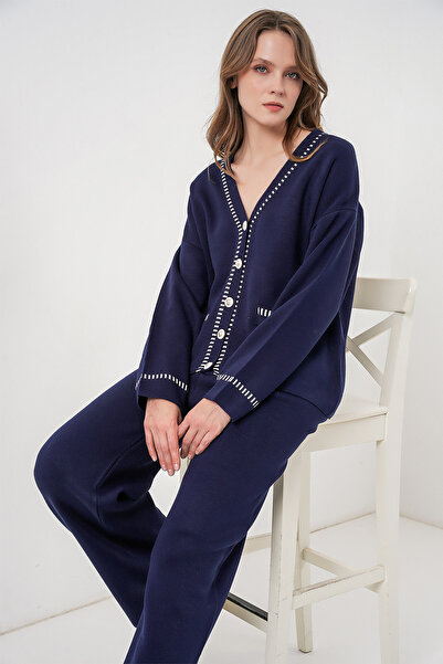Bigdart Women's Embroidered Knitwear Cardigan Pants Two-Piece Set 15963 - Navy Blue