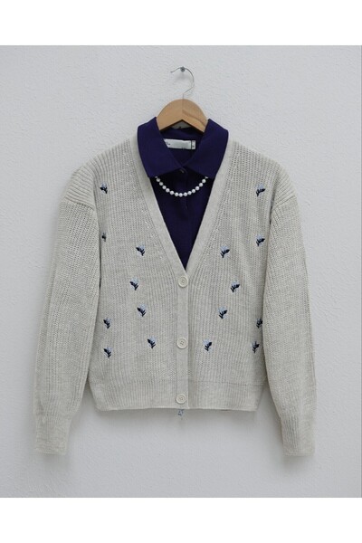 Modamorfo Embroidered Three Button Waist Length Cardigan - Stone