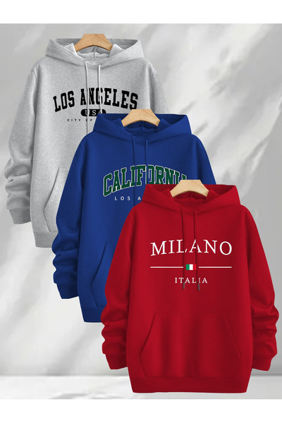 uyguntarz Multi-Colored Printed Hooded Sweatshirt 3-Pack Deal