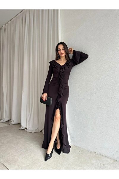 MOVELLA FASHİON Firfirli Yirtmac Detay Maxi New Season Borri Aci Brown Dress