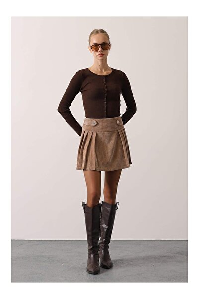 Coral Kadife Düğmeli Kısa Etek 37181 Taş