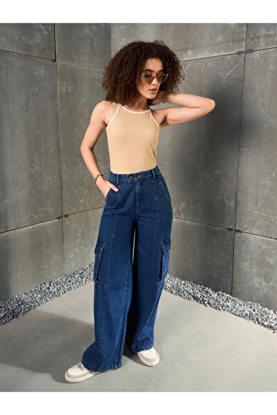 Sassafras By Styli Women Blue High Rise Double Button Cargo Jeans