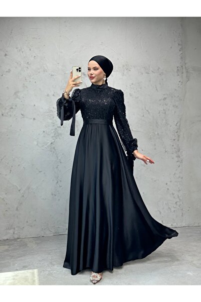 Lamia Giyim Pul Payet Detay Saten Abiye Siyah