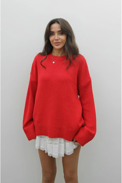 My Blog Red Crew Neck Solid Color Sweater - 2217