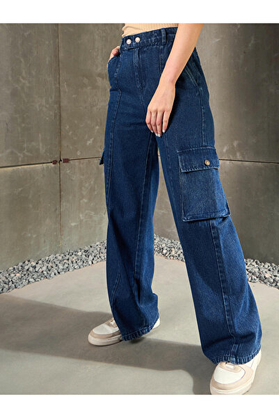 Sassafras By Styli Women Blue High Rise Double Button Cargo Jeans