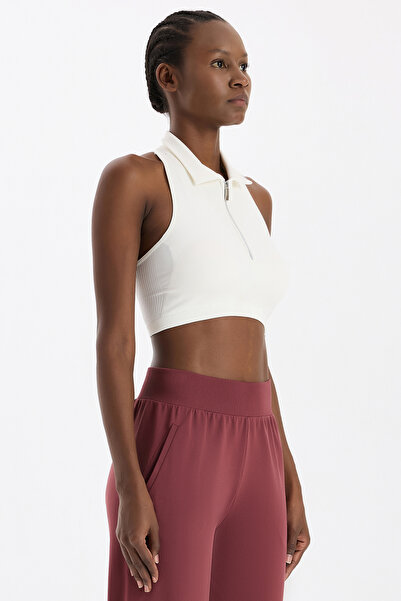 COMEUP Zippered Padded Polo Neck Crop Top Off White