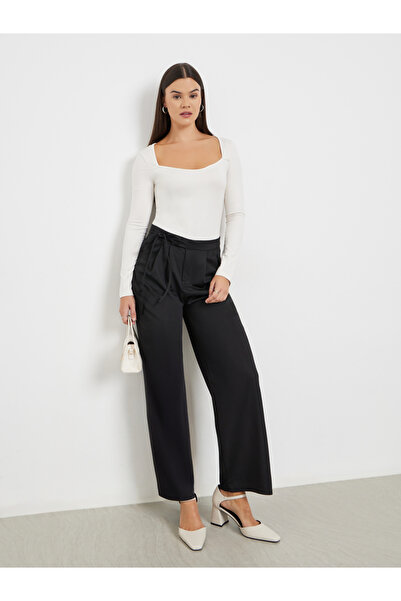 Styli Women Black Solid Pleated Pants with Tie Detail