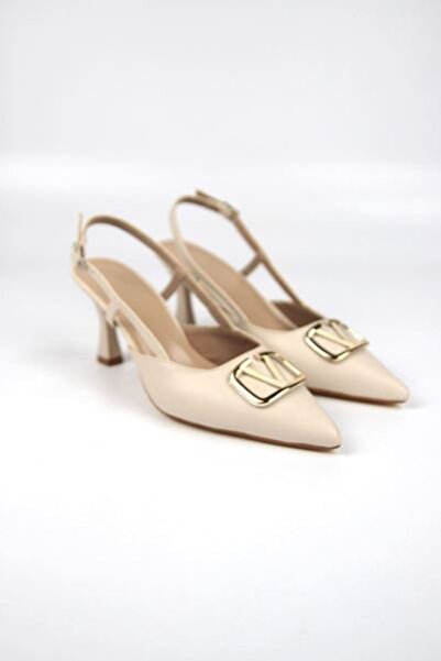 King Crow Claraa Beige Skin V Buckle Medium Heels (6-8 cm) Classic Heeled Shoes