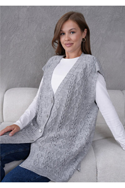 Stilmony Women's Knitwear Lace-Like Knit Mother's Wool Vest with Pocket Detail