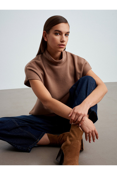 Dilvin 32148 Mock Neck Knitted Top-Mink