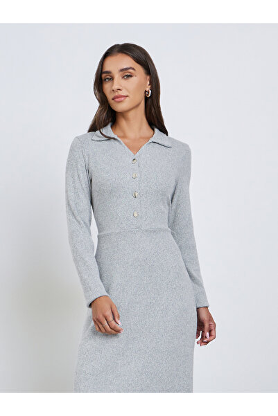 Styli Grey Open Collar Ribbed Maxi Dress