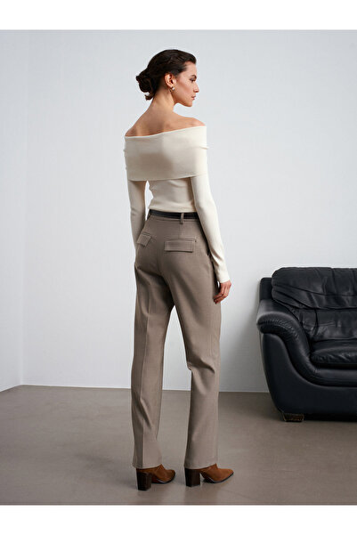 Dilvin 72208 Belted Melange Fabric Trousers-Stone