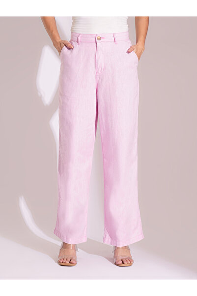 Globus By Styli Light Pink Cotton High-Rise Wide Leg Trousers