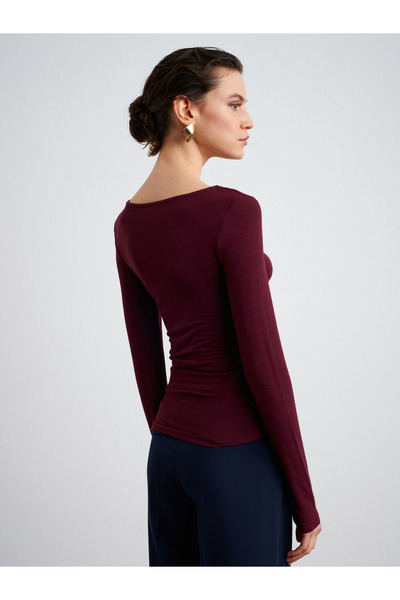 Dilvin 32325 Boat Neck Long Sleeve Top-Burgundy
