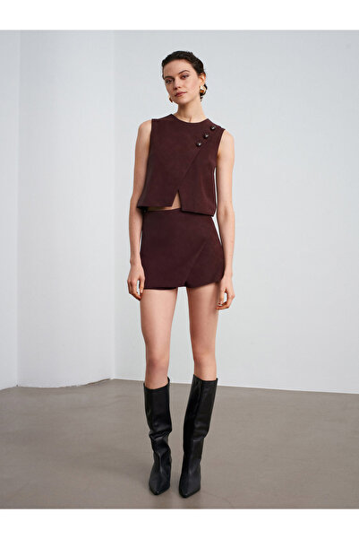 Dilvin 81067 Asymmetrical Shorts Skirt-Burgundy