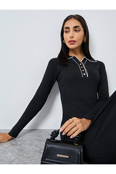 Styli فستان أسود متوسط الطول بأكمام طويلة