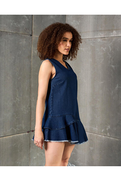 Sassafras By Styli Blue Denim Ruffled Hem Sleeveless Mini Dress