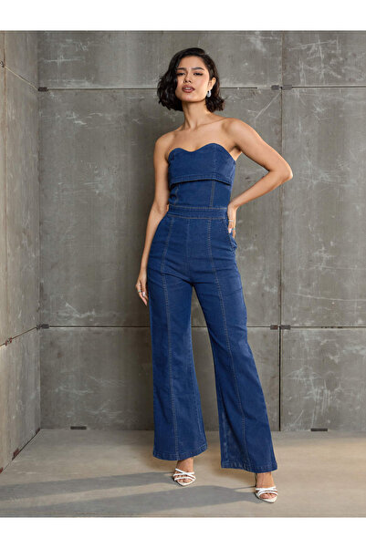 Sassafras By Styli جمبسوت جينز أزرق داكن برقبة دائرية