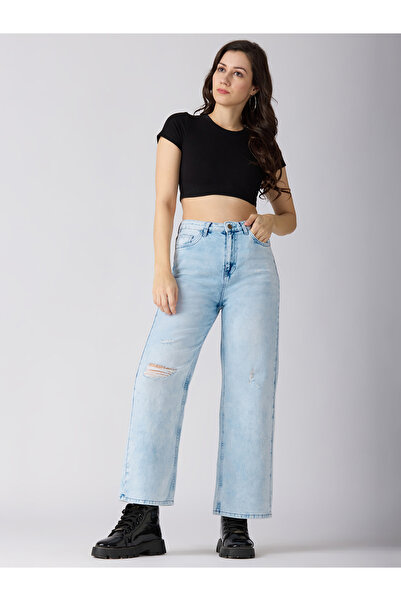 Globus By Styli Light Blue Cotton Distress Wide Leg Jeans