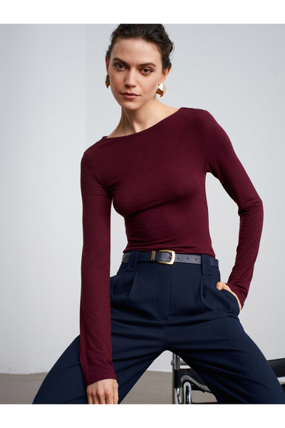 Dilvin 32325 Boat Neck Long Sleeve Top-Burgundy