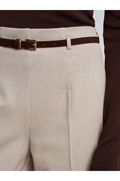 Dilvin 71276 Side Zippered Belted Fabric Trousers-Stone