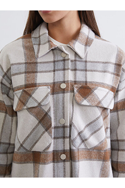 LC Waikiki Καφέ καρό oversized Γυναικείο πουκάμισο τουνίκ
