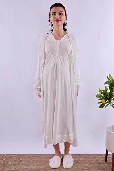 ByLohusa Effortt Ecru Maternity Nightgown Set with Dressing Gown