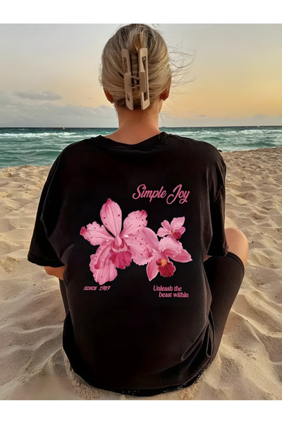 Printiva  Zenrova Unisex Oversize SİMPLE JOY ÇİÇEK Baskılı Pamuklu Bisiklet Yaka Kısa Kollu SİYAH T-SHİRT