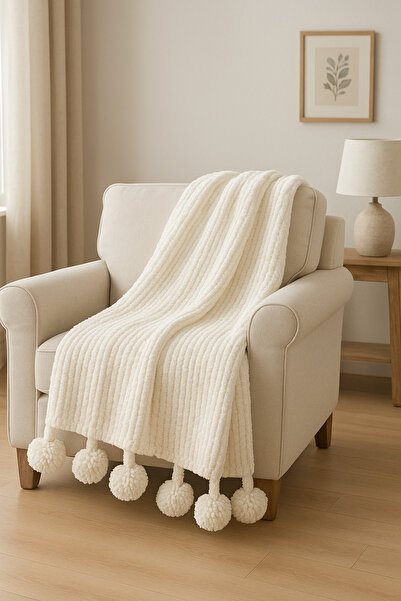 Moda Biçer Pompom Sofa Tv Blanket Hand Knitted