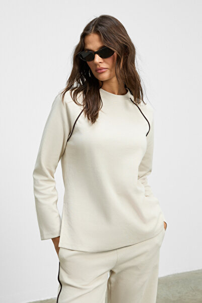 ETHIQUET Elsbeth Women's Crew Neck Slit Raglan Sleeves Oversized Elastic Waist Tube Leg Beige Top and Bottom Set