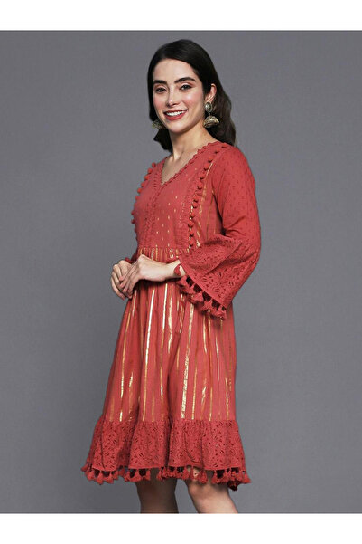 Ishin By Styli Tassel Trim Lace Insert Mini Dress