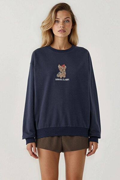 Hiccup Embroidered Round Neck Sweatshirt
