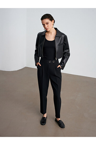 Dilvin 72174 Button Detailed Pleated Fabric Trousers-Black