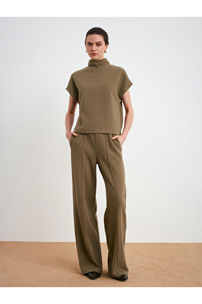 Dilvin 71927 Elastic Waistband Stitching Detail Loose Sweatpants-Light Khaki