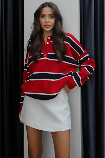My Blog Red-Navy Blue Polo Neck Striped Sweater - 251129