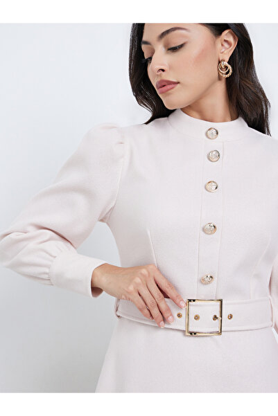 Styli Beige Long Sleeve Belted A-Line Maxi Dress