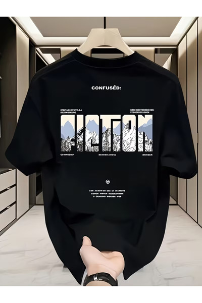 Machetta Unisex Confused Dağ Printed Oversized Crew Neck 100% Cotton T-Shirt