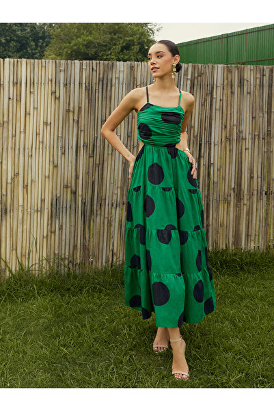 Sassafras By Styli Green Back Cut-Out Polka Maxi Dress
