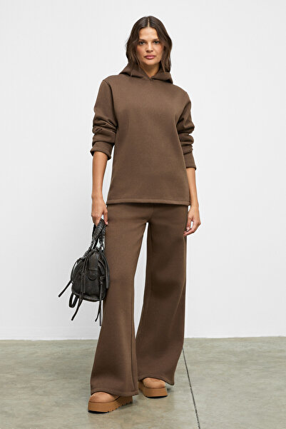 ETHIQUET Astrida Women's Cotton Fleece Lined K Hooded Regular Elastic Waist Wide Leg Brown Bottoms with Pockets