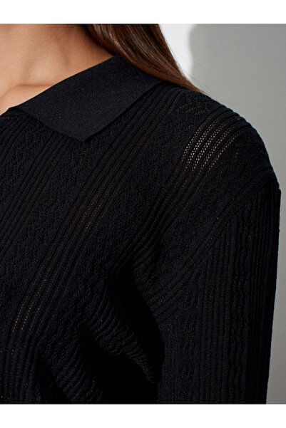 Dilvin 10827 Polo Neck Slim Knit Blouse-Black