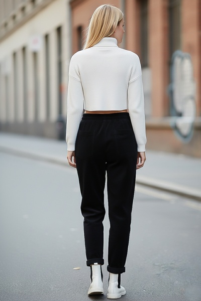 Chiccy Black Pocketed Elastic and Tie-Waist Jogger Leg Casual Velvet Woven Trousers 100 60