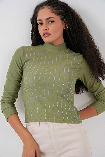 hazelin Women's Çağla Green Half Fisherman Front Stone-Embellished Bodysuit Hzl25W-Bd19221