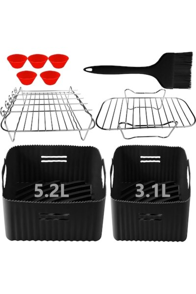 DELPI Set of 15 Air Fryer Accessories – Compatible with Dual 5.2L/3.1L, Silicone/Stainless, Black