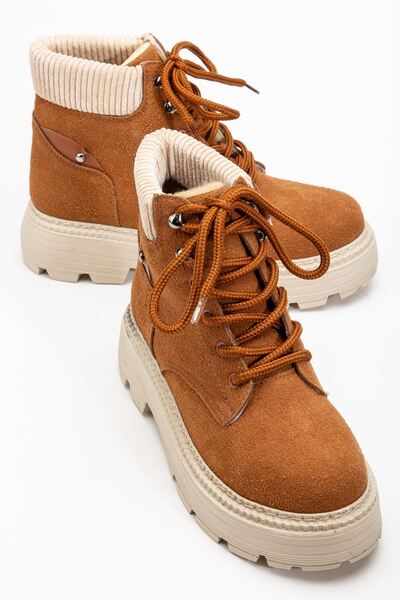 Hayalimdeki Ayakkabı Women's Mustard Suede Lace-Up Non-Slip Sole Boots