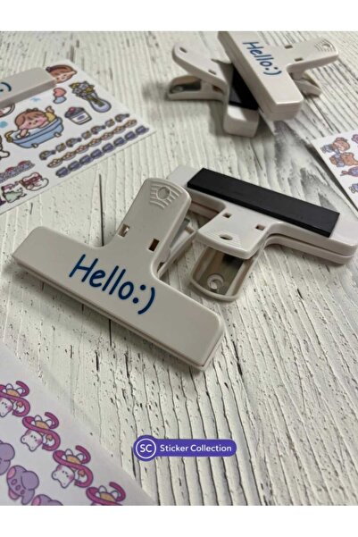 SC Sticker Collection Hello:) Beyaz Renk Çok Fonksiyonlu Mıknatıslı Klips/Fotoğraf Mandalı/Kıskaç Ataş/Kitap Ayracı